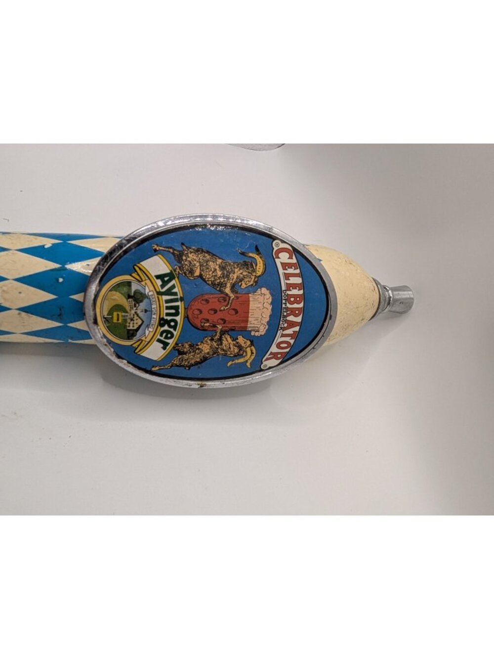 Ayinger Celebrator Dopplebock Beer Tap Handle Bavarian Blue White Wood - Picture 2 of 7